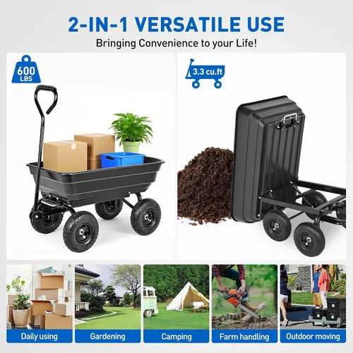 Vista 6 de Yesker Carros de Jardín - Carro Volquete de 600 libras con Ruedas Inflables Todo Terreno para Patio, Césped, Granjas, Jardinería - Carretilla