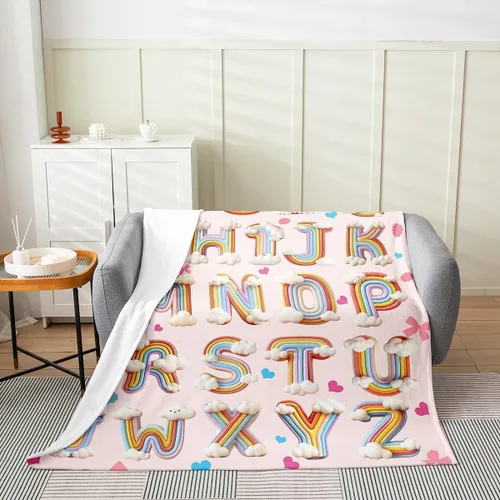Vista 2 de Erosebridal Rainbow English Alphabet Fleece Throw Blanket 40"x50" - Ultra-Soft for Couch Sofa Bed,Cartoon Letters Flannel Blanket,Love Hearts Fuzzy