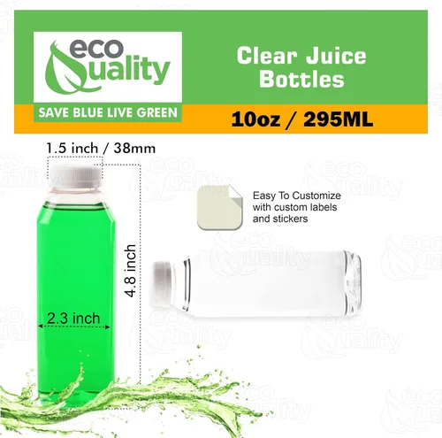 Vista 3 de Botellas vacías de plástico PET transparente de 10 onzas con tapas, (11.8 fl oz), botellas cuadradas desechables de plástico con tapas a prueba