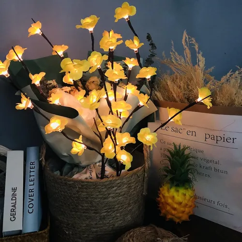 Vista 2 de Paquete de 2 luces LED amarillas de ramas Bossom de ciruela, funciona con pilas, ramas artificiales, lamei floral, pequeñas ramitas de 30 pulgadas