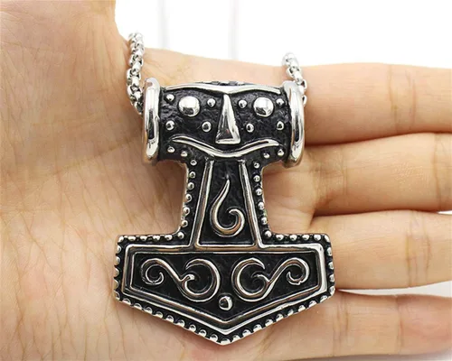 Vista 6 de Collar con colgante de martillo de Thors de acero inoxidable, vintage, vikingo, nórdico, con cadena