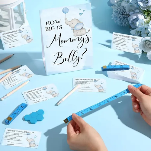 Vista 92 de Sabary 64 Piezas Juegos de Baby Shower Incluyen Letrero How Big is Mommy's Belly Sign Measure Bump Game 50 Tarjetas 10 Lápices 3 Cintas Métricas