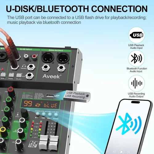 Vista 4 de Mezclador de audio Aveek, mezclador de 4 canales con Bluetooth y grabación USB DJ Mixing Console with 99 DSP Effects, 48V Phantom Power, PC