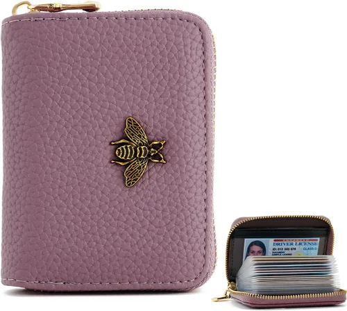 Vista 9 de WOZEAH Tarjetero de cuero para mujer, cartera con bloqueo RFID, con cremallera, tarjetero, para negocios, Negro, Sólido
