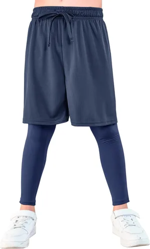 Vista 3 de Haloumoning Leggings deportivos para niños con pantalones cortos 2 en 1 para correr, entrenamiento, pantalones deportivos de 5 a 14 años
