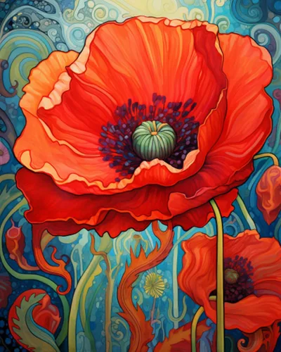 Vista 2 de Tucocoo Bumbers - Pintura de amapola roja para adultos, pintura abstracta de amapola por números, pintura acrílica, lienzo, graffiti, flores rojas