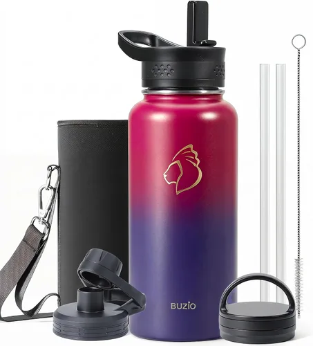 Vista 18 de BUZIO Botella de agua de 32 onzas aislada con popote y 3 tapas y bolsa de transporte, a prueba de fugas, frasco jarra de agua de acero inoxidable