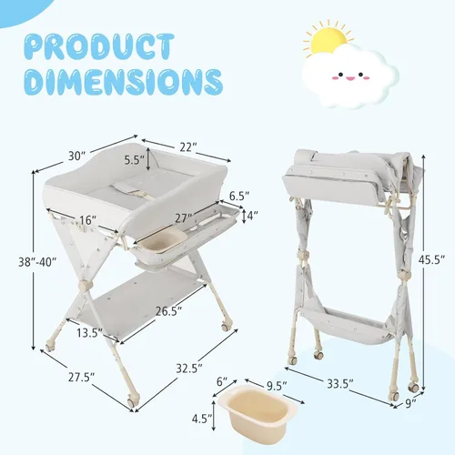 Vista 2 de BABY JOY Cambiador portátil para bebé, estación de cambio de pañales plegable con ruedas, altura ajustable, estante de almacenamiento grande, lavabo