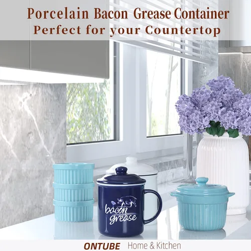 Vista 6 de ONTUBE Contenedor de grasa de tocino de cerámica con colador, recipiente de grasa para almacenamiento de aceite de cocina, protector de grasa