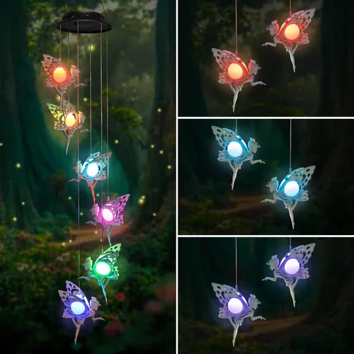 Vista 12 de Tryme Campanillas de viento solares para exteriores con luces colgantes de hadas y 4 tubos de aluminio, decoraciones de luna para el patio, porche