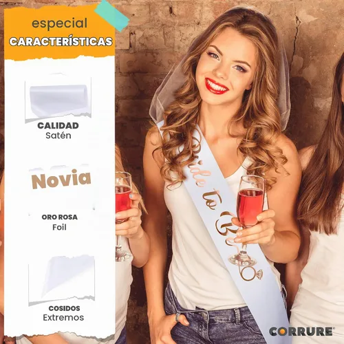 Vista 4 de CORRURE Banda para despedida de soltera "Bride to Be", banda de satén blanco con letras de lámina de oro rosa, accesorios de decoración de despedida