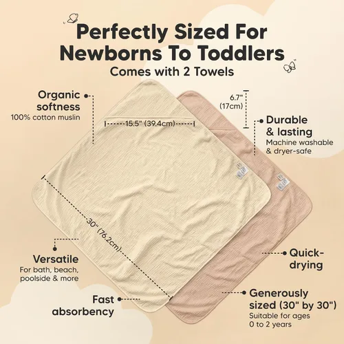 Vista 3 de KeaBabies Toallas de muselina con capucha para bebés y niñas recién nacidas, paquete de 2, toallas de baño de algodón orgánico de 30 x 30 pulgadas