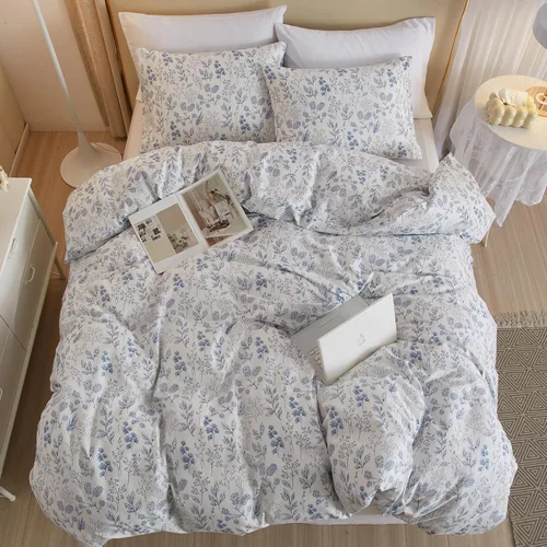 Vista 5 de Juego de funda de edredón blanca con estampado floral azul, juego de ropa de cama de algodón suave estilo bohemio, juego de ropa de cama estética