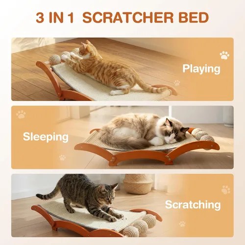Vista 3 de Cama rascador para gatos 3 en 1 extragrande con 3 bolas de sisal interactivas, poste rascador de madera maciza con juguete, hamaca resistente