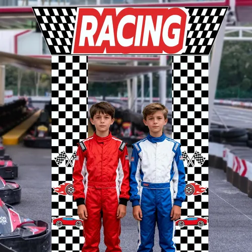 Vista 6 de Decoraciones para fiestas de autos de carreras, 3 piezas con temática de carreras, banderas a cuadros, para colgar en cabina de fotos de cumpleaños
