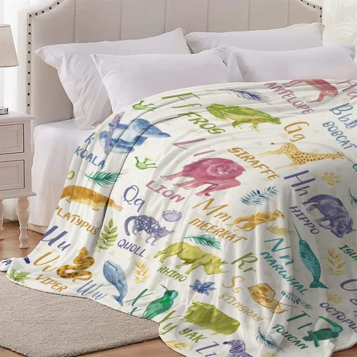 Vista 5 de Manta de franela con diseño del alfabeto de animales, súper suave, ligera, para niños, adultos, adecuada para sofá, cama, campamento, viajes, todas