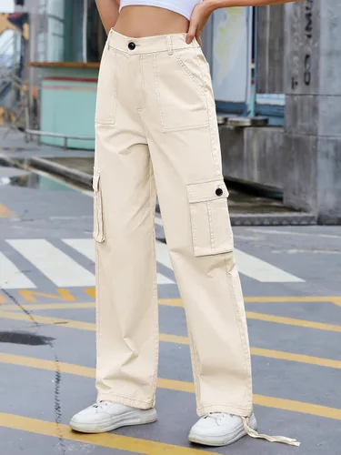Vista 2 de Zmpsiisa Pantalones cargo de cintura alta, para mujer, pantalones informales de pierna ancha, 6 bolsillos, pantalones militares de combate