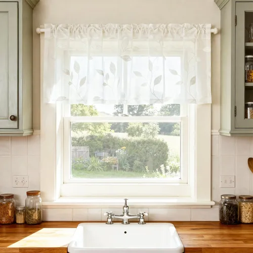 Vista 16 de VOGOL Juego de cortinas transparentes bordadas y cenefas para sala de estar, con bolsillo para barra blanca, par de cortinas traslúcidas