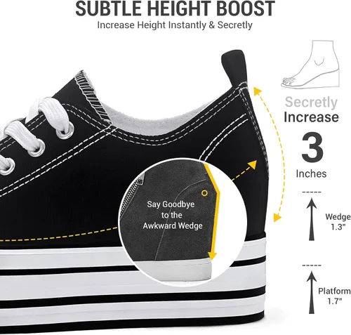 Vista 3 de Womens Platform Shoes Hidden Wedge 3 Inches Height Increase, Canvas Sneakers High Heel White Black Fashion Sneakers for Women and Girls