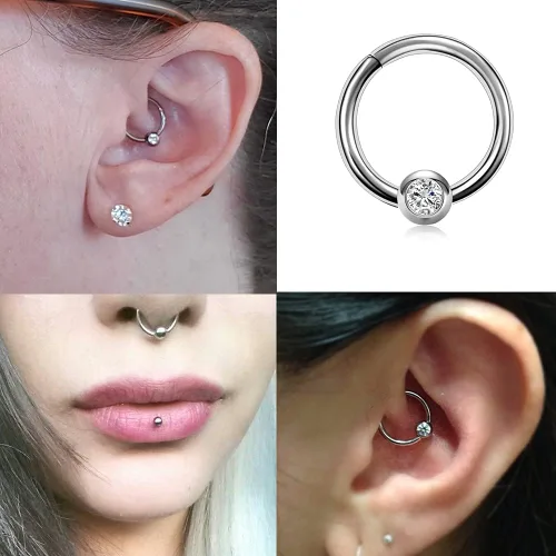 Vista 3 de QWALIT - Arracadas para trago cartílago calibre 16 para piercing en daith hélix tabique con bisagra y cierre de clic de acero inoxidable CBR 063