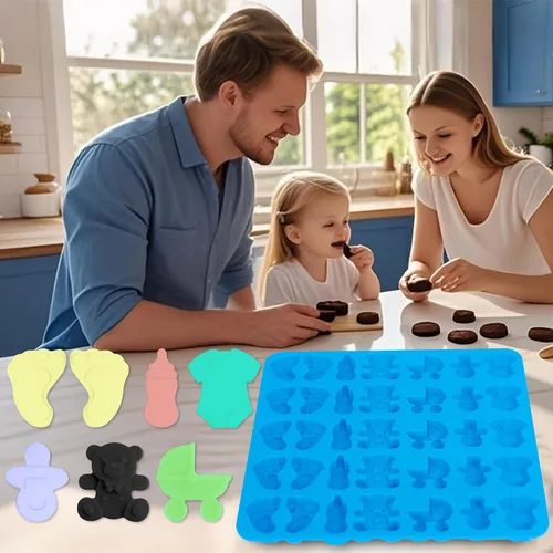 Vista 6 de Sidosir 3 moldes de silicona de chocolate para baby shower, antiadherentes para bebé, moldes de huellas para chocolate, chupete de botella