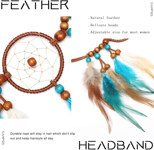 Vista 5 de Diadema de plumas de atrapasueños estilo bohemio indio con borlas para el cabello para mujeres y niñas
