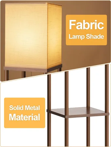 Vista 2 de Lámpara de pie con estantes para sala de estar color marrón nogal, lámpara de pie con estante con bombilla LED de 3 CCT, lámpara de columna de pie