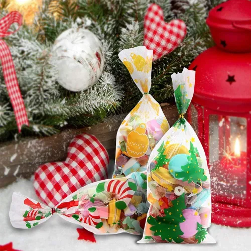 Vista 6 de CCINEE Bolsas de celofán de Navidad, bolsas de golosinas surtidas de Navidad con lazos torcidos, bolsas de galletas de caramelo para suministros