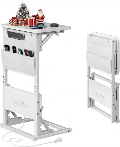Vista 11 de HLDIRECT - Mesa auxiliar en forma de C con estación de carga, mesa lateral para sofá con bolsa de almacenamiento, bandeja para TV ajustable