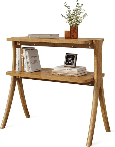 Vista 4 de LITTLE TREE Mesa auxiliar estrecha, mesa de centro de 2 niveles estilo granja con patas de madera maciza, mesa auxiliar pequeña, ahorradora