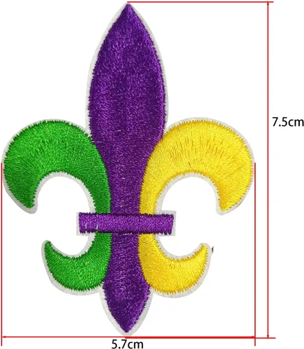 Vista 2 de 10 parches bordados de Mardi Gras Fleur De Lis, color morado, verde y dorado, parches de transferencia cosidos para ropa, sombreros, zapatos, jeans