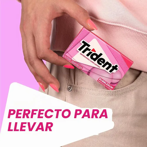 Vista 4 de 12 paquetes de 14 unidades cada uno; es decir, en total son 168 unidades de goma de mascar Trident Bubblegum sin azúcar sabor chicle. Accesorios