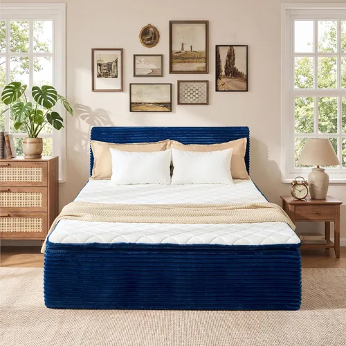 Vista 17 de Base de cama individual sin hueso con colchón, colchón de espuma viscoelástica de 16 pulgadas con plataforma tapizada de tela de felpa, no requiere