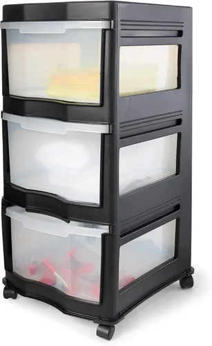 Vista 4 de Life Story Cajones clásicos de almacenamiento de plástico de 3 niveles y organizador con ruedas para uso en el hogar, dormitorio u oficina, Negro
