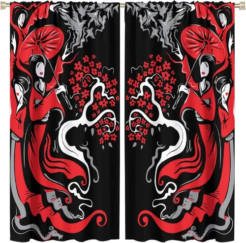 Vista 23 de Cortinas de estilo japonés, Kyoto Geisha Girls Asian Ink Painting - Cortinas de tela de poliéster con estampado de Japón antiguo para dormitorio