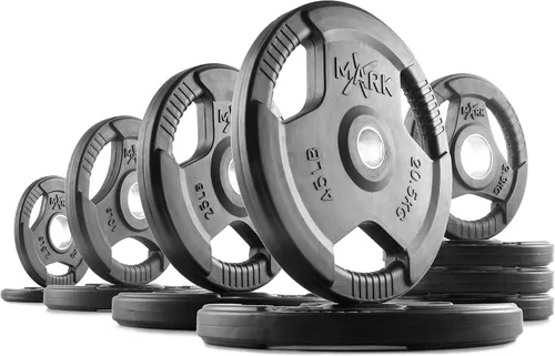Vista 10 de XMARK TRI-GRIP - Par o juego de discos de peso olímpicos, pesas de ejercicio con revestimiento de goma para barra olímpica, juego de pesas de 01)