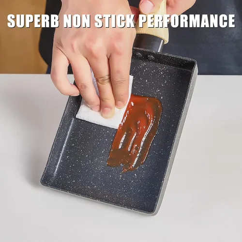 Vista 3 de Sartén de tortilla japonesa,Sartén antiadherente para huevos Tamagoyaki,Sartén rectangular pequeña con tapa,Espátula de silicona y cepillo
