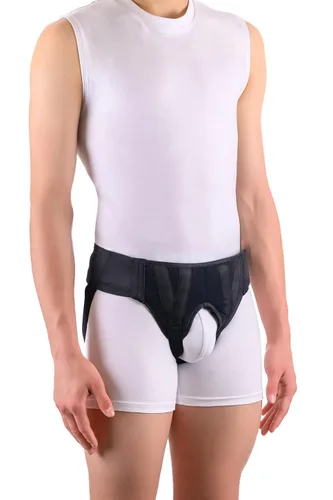 Vista 3 de FlexaMed Hernia Gear - Cinturón doble para hernia inguinal, color negro (S 26-30)