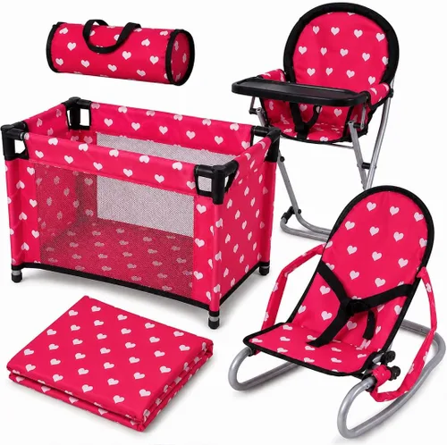 Vista 8 de Conjunto de accesorios para muñeca bebé floral, cuna para muñeca de 3-1, silla alta y asiento rebotador para muñeca. Accesorios para muñeca de 18