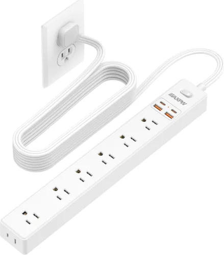 Vista 13 de Regleta protectora de sobretensiones de 10 pies, 7 tomacorrientes, 4 puertos USB (2 USB C), cable de extensión plano ultrafino y enchufe plano, 1700