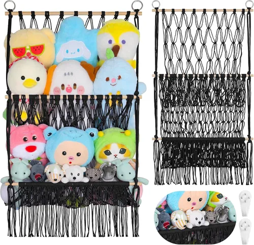 Vista 15 de Red de almacenamiento de animales de peluche de 2 niveles, 17 x 32 pulgadas, organizador grande de animales de peluche para pequeños rellenos