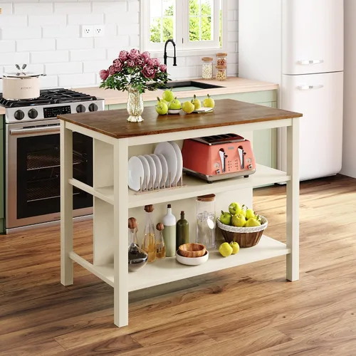 Vista 2 de Polibi Juego de isla de cocina de 3 piezas con 2 taburetes y 2 estantes, juego de mesa de comedor de madera de goma rústica con estantes abiertos