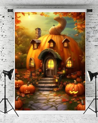 Vista 6 de Kate Telón de fondo de fotografía de Halloween para fiesta de niños, lindo fondo de casa de calabaza, accesorios de estudio fotográfico