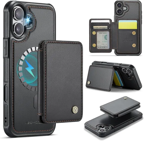 Vista 33 de Dteck Funda para iPhone 16 de 6.1 pulgadas 2024, funda de piel sintética con cierre de botón magnético, ranuras para tarjetas de crédito, función