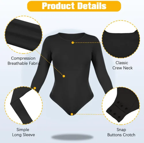 Vista 3 de Body moldeador para mujer, con control de abdomen, manga larga, cuello redondo, tanga, sin costuras, sexy, trajes corporales