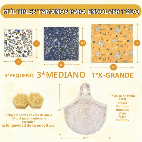 Vista 2 de Envoltura de cera de abeja reutilizable, paquete de 9 envolturas para alimentos, envolturas ecológicas de cera de abeja con bolsa de malla