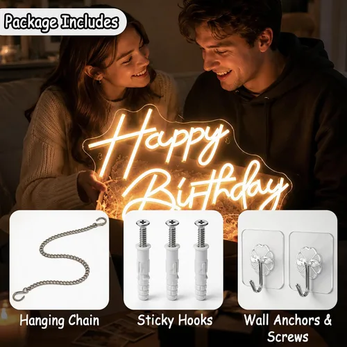 Vista 5 de Letrero de neón de feliz cumpleaños, luces de neón LED regulables, para fiesta de cumpleaños, letreros de neón para decoración de pared, alimentados