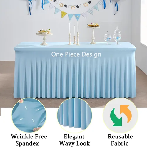 Vista 3 de Paquete de 3 Manteles de Spandex Azul Bebé para Mesas Rectangulares de 6 Pies, Falda de Mesa Azul Elástica Ajustada de 6 Pies para Fiestas de Boda