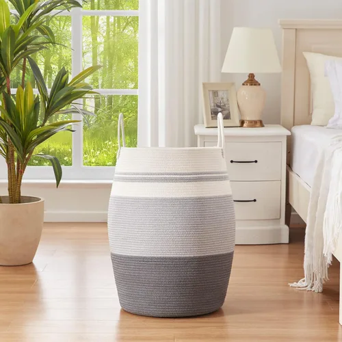 Vista 2 de OIAHOMY Cesta de lavandería tejida de cuerda, tamaño grande, con asas extendidas para ropa y juguetes, cesta alta de 25.6 pulgadas, plegable