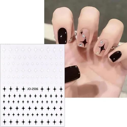 Vista 7 de CHANGAR Starlight - 6 hojas de calcomanías de uñas con lazo de estrella blanca y negra, suministros para mujeres y niñas, accesorios de manicura